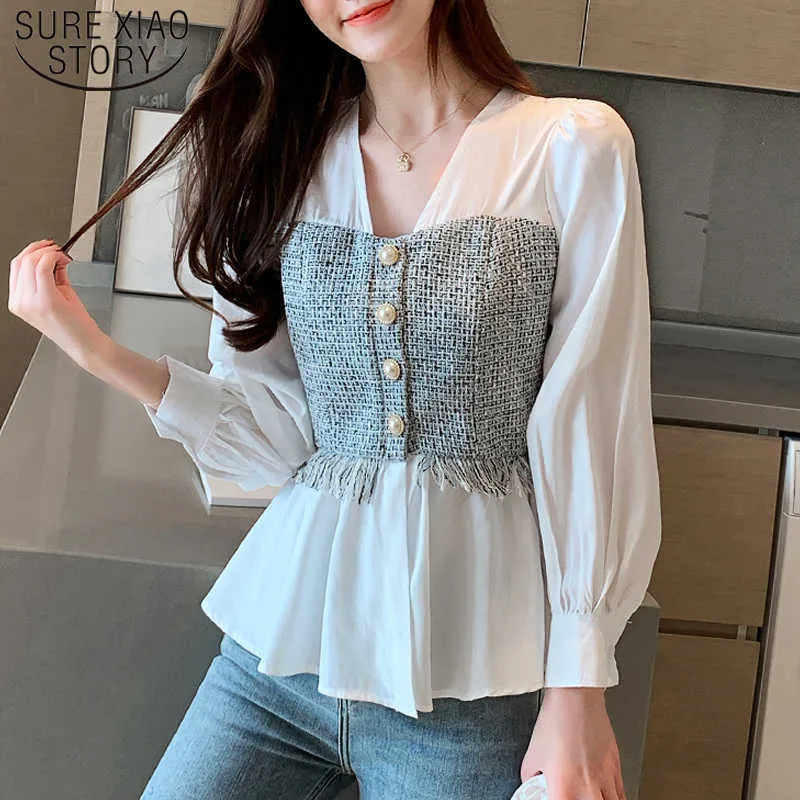 Korean Style Office Lady Tops Fashion V-neck Cardigan Women Spliced Long Sleeve Chiffon Blouse Shirt Feminina Shirt 8110 50 210527