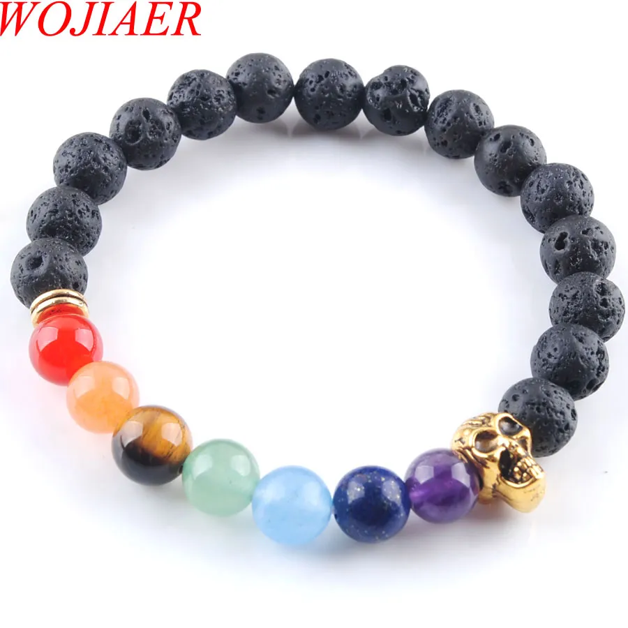 WOJIAER 8mm Volcano Stone Beads Ghost Head Fili Bracciali 7 Chakra Healing Mala Meditazione Preghiera Yoga Gioielli Donna K3233