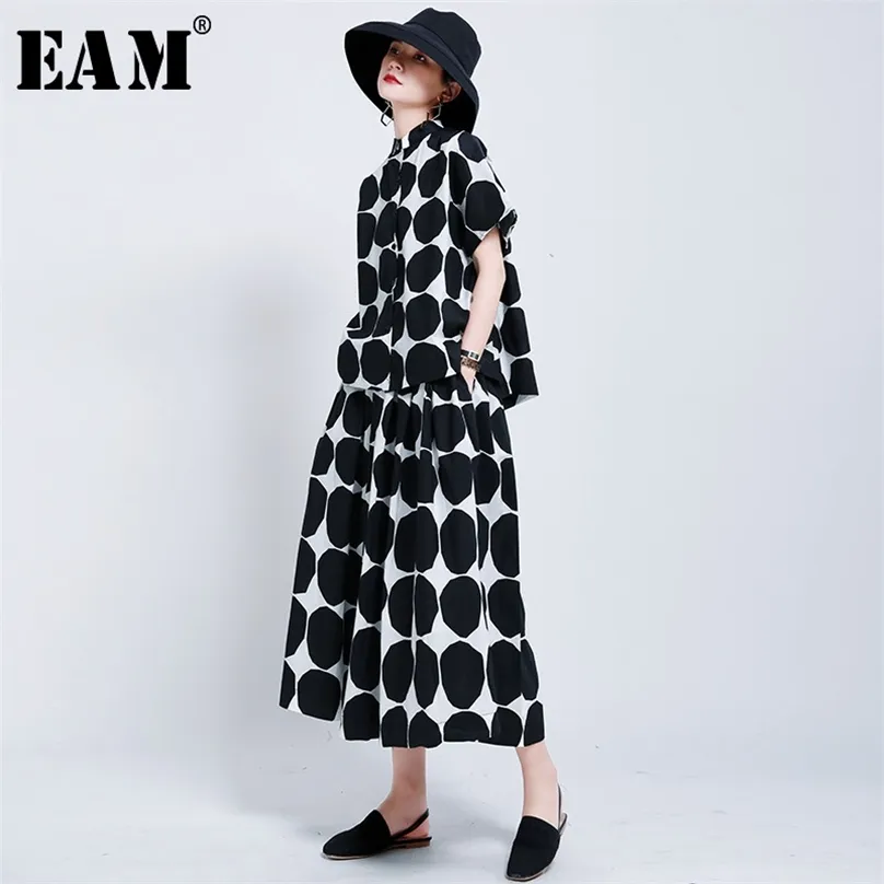 [EAM] Taille élastique élevée Noir Grand Dot Tempéramament imprimé Jupe demi-corps Femmes Fashion Spring Automne 1U802 210629