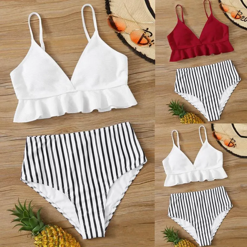 Costumi da bagno da donna Ragazze Cute Stripe Bkini Donna Sexy Tinta unita Vita alta Split Costume da bagno Bikini Donna Abito da spiaggia Set due pezzi Estate