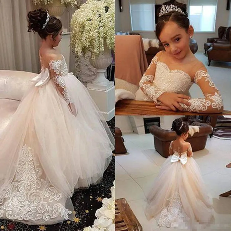 Qualité Première High Communon Robes Kids Ball Ball Ball Illusion Applique Bow Girls Pageant Robe Satille Tulle Flower Girl Wear