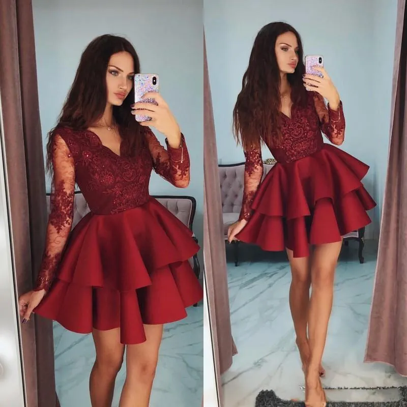 Burgundy Short Homecoming Dresses With Illusion Long Sleeve 2021 Appliques Lace Beaded A Line Modern Cheap Mini Prom Cocktail Party Dress