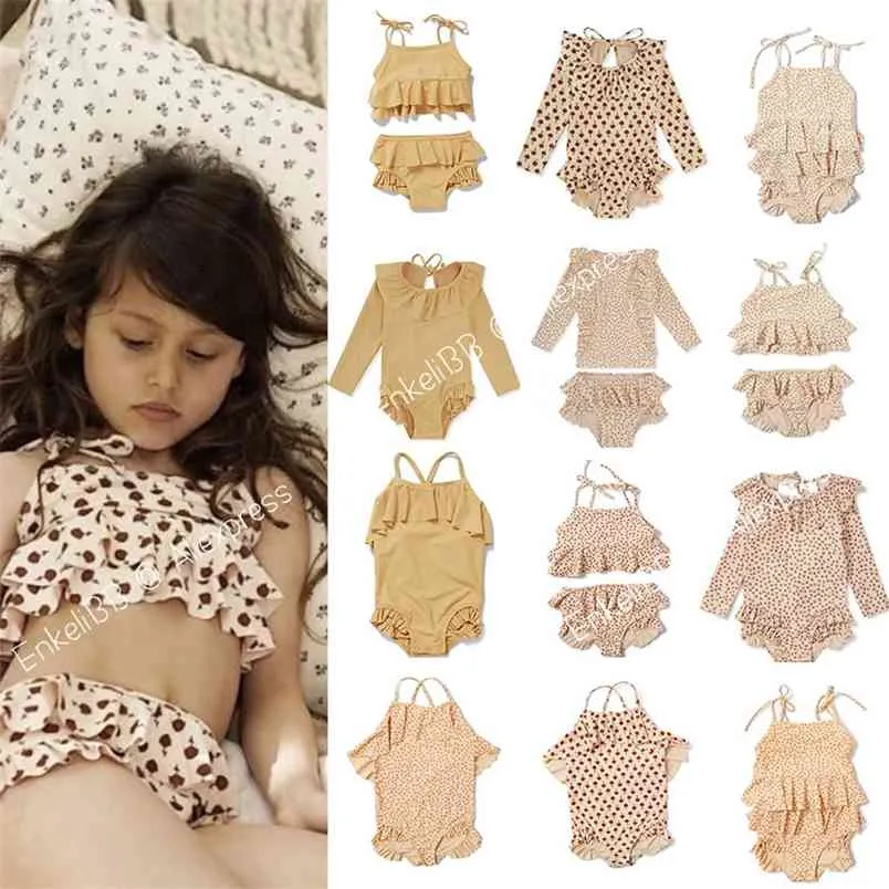 Ks barn tjejer simning kostymer vintage stil vackra blommönster swimwears toddler hawaii kläder set ruffle 210619