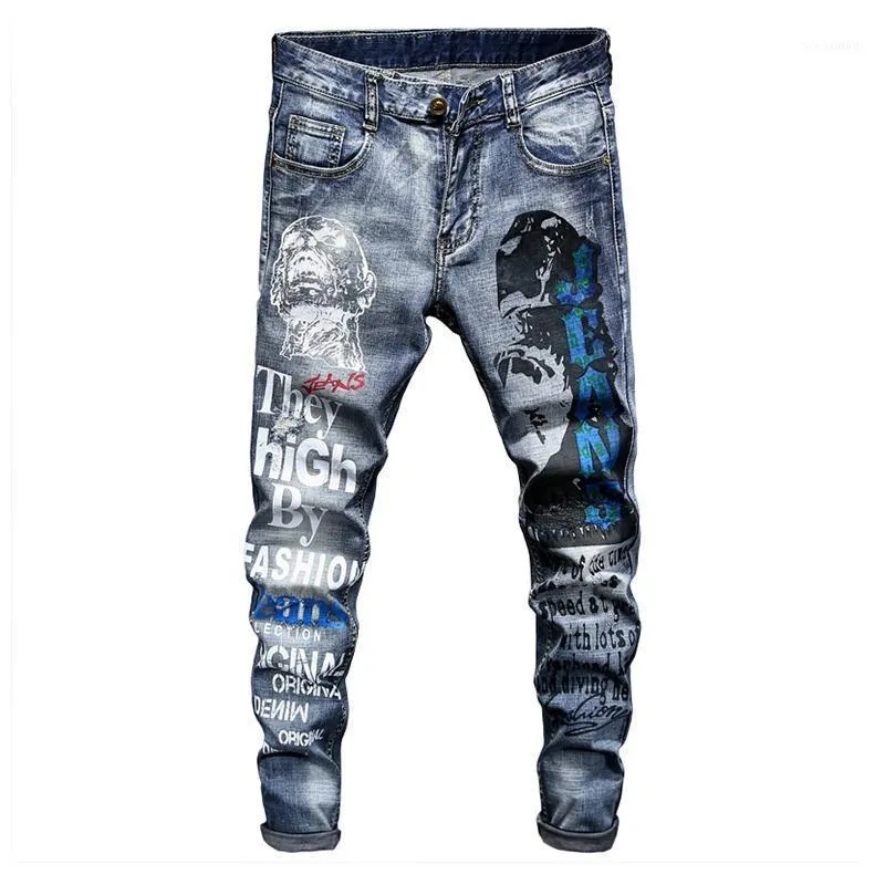 Mäns jeans sokotoo bokstäver mönster tryckt denim mode smal passform blå stretch avsmalnande penna pants1