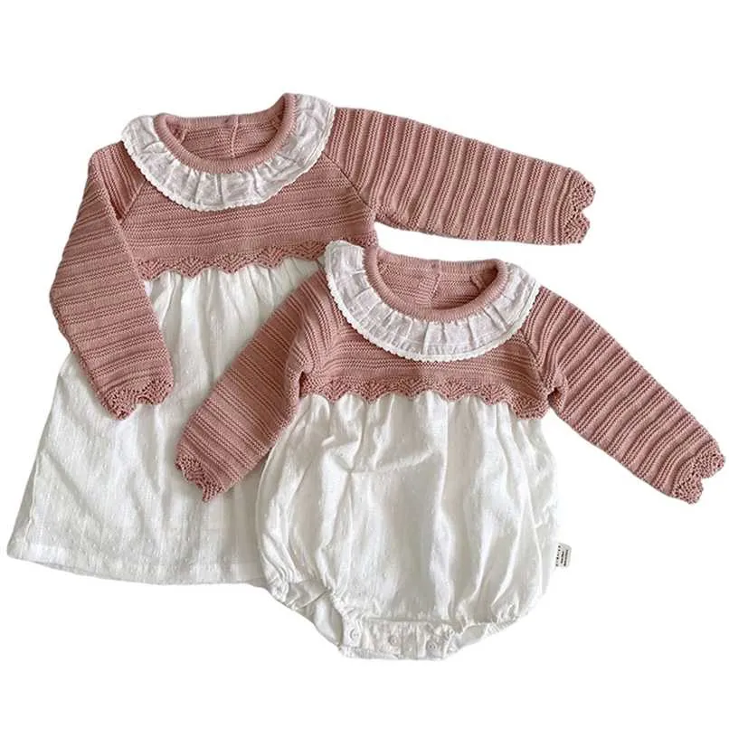 Pastoral Syle Kids Sweaters Sisters Clothes Mathcing Knitted Knit Flowers Dress Baby Girls Rompers Party 211011