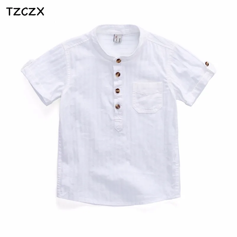 TZCZX-2320 Yeni Yaz Tarzı Çocuk Erkek Gömlek Moda Katı Pamuk Kısa Gömlek 3-12 Yaşında Çocuklar Için Kıyafetleri Giymek 210306