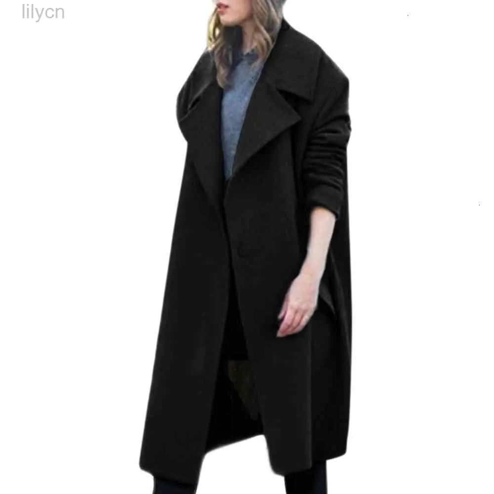 Mode Design Högkvalitativ Kvinnor Vinter Lapel Wool Coat Button Trench Jacket Loose Plus Overcoat Outwear Kvinnor