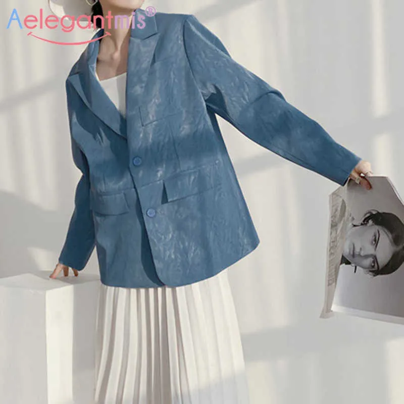 Aelegantmis Büyük Boy Kadınlar Mavi Faux Deri Blazer Kadın Streetwear Zarif PU Ceket Cepler Bayanlar Takım 210607