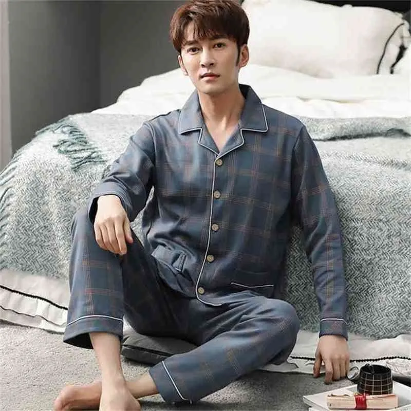 Spring 100% Cotton Pajamas Men Lounge Sleepwear Blue Plaid Pijama Man's Warm Bedgown Home Clothes PJ Pure Hombre Invierno 210812