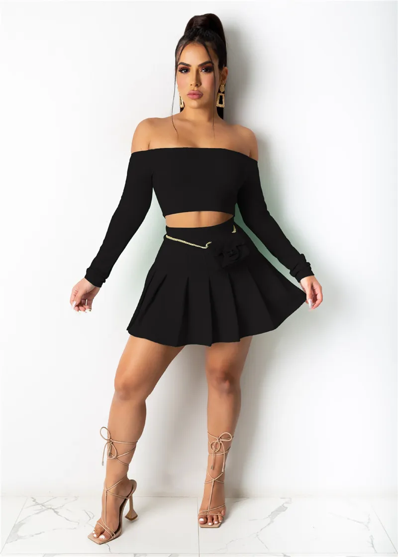 New Summer Women tank top crop top+mini skirt two piece set plus size 2X outfits trendy tracksuits fashion off shoulder shirt+pleated skirt 4623