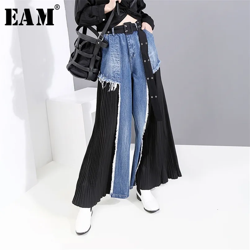 [EAM] 높은 허리 블루 플리트 스플릿 긴 넓은 다리 데님 바지 느슨한 맞는 바지 여성 패션 봄 가을 1D669 211112