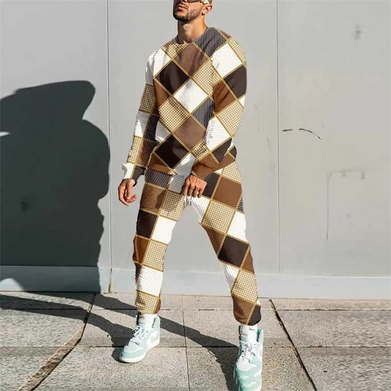Mens Casual Jogging Two Piece Sets Fashion Print Långärmad Hoodie + Long Pant Passar Män Höst Vinter Outfit Streetwear 211222