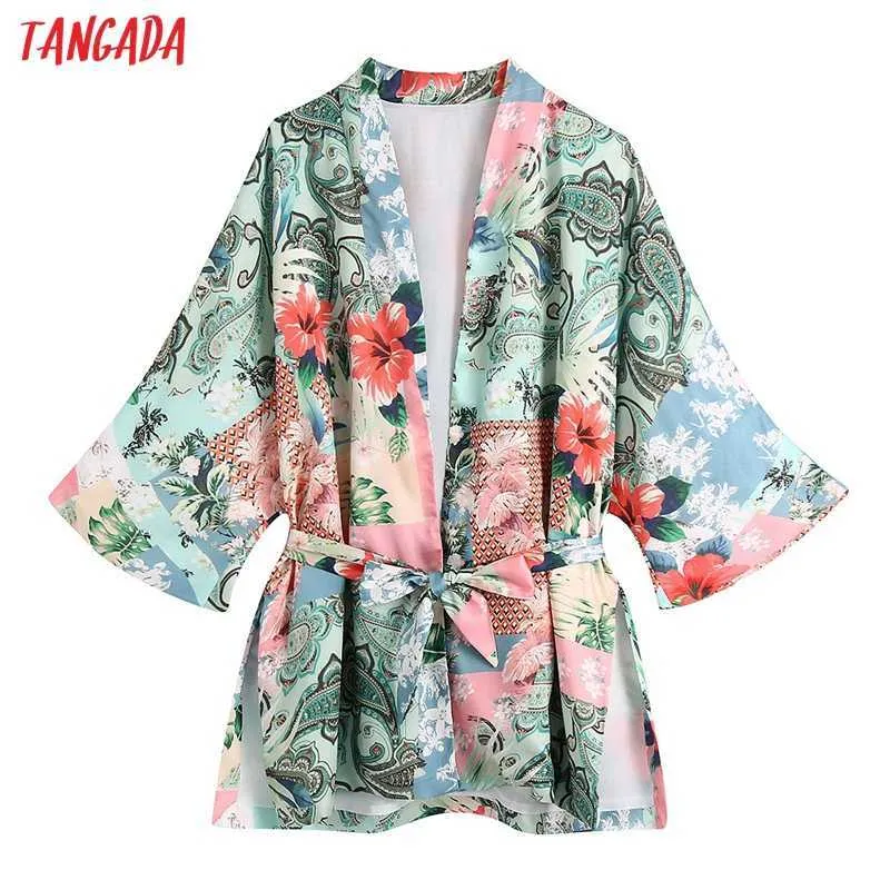 Tangada Femmes Fleur Imprimer Kimono Blouse avec Slash Chic Femme Casual Lady Chemise surdimensionnée Tops CE163 210609