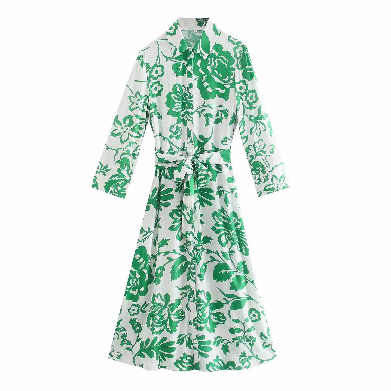 HSAヨーロッパとアメリカの夏の風の女性の緑のプリントのPoplin Long Dress 1966 210716