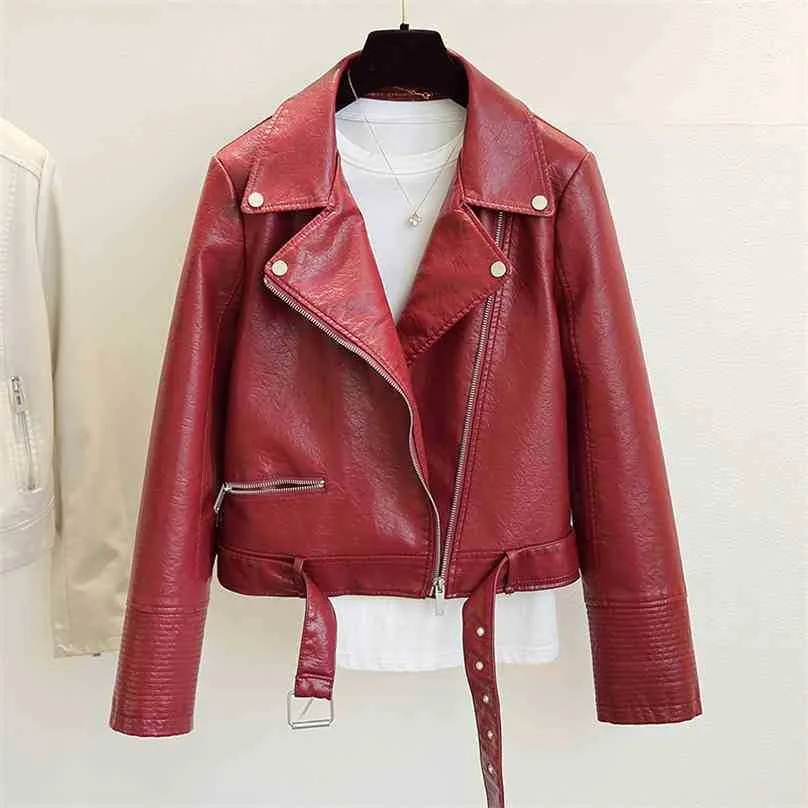 İlkbahar Sonbahar Streetwear Faux Deri Ceket Kadınlar Uzun Kollu Kemer Coat Bayanlar Ile Yaka Açın Bayanlar Kırmızı Biker Dış Giyim 210525