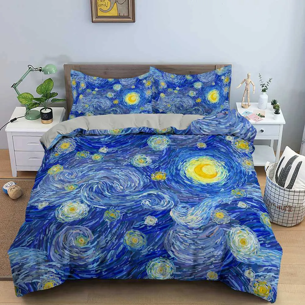 3d konstnärlig sängkläder kung storlek van gogh stil himmel oljemålning mönster tryckt duvet lock med kudde uppsättning 2 / 3pc 210615