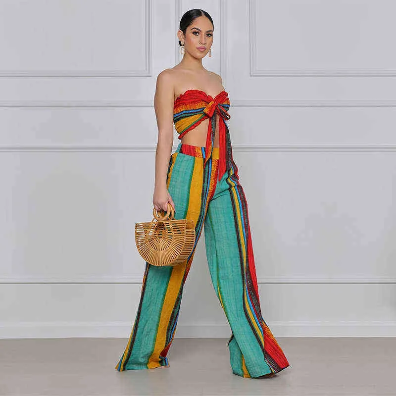 2 Piece Set 2021 Summer New Dashiki Sexy Midriff-Crop Chest Top + Bell Bottoms Casual Pants 2 Piece Set Women Straight Pantsuit