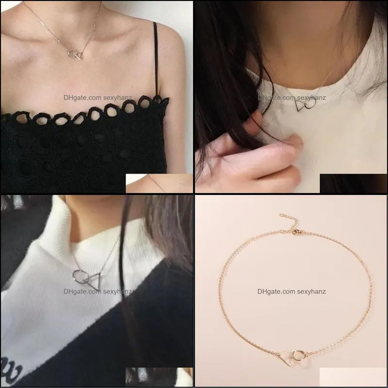 Chokers Exquisite Simple Metal Circle Linked Triangle Necklace For Woman Girls Jewelry Top Quality Wholesale CN079