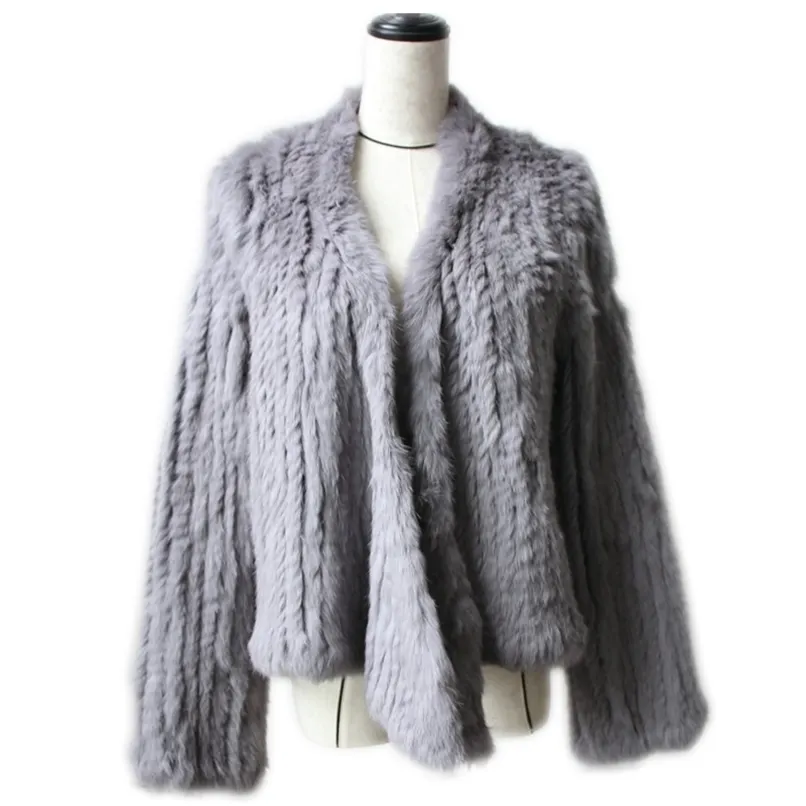 Vinter Höst Kvinnor Real Fur Coat Kvinnor Stickad Kanin Coats Jacka Casual Tjock Varm Fashion Slim Overcoat Kläder 211204