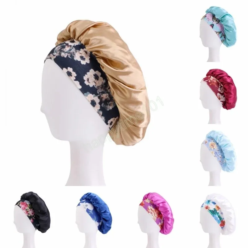 Berretto da notte con fascia elastica stampata sul lato largo in raso Berretto da notte per donna Morbida cura dei capelli per la notte Cappelli per il sonno da donna africana Copricapo di grandi dimensioni