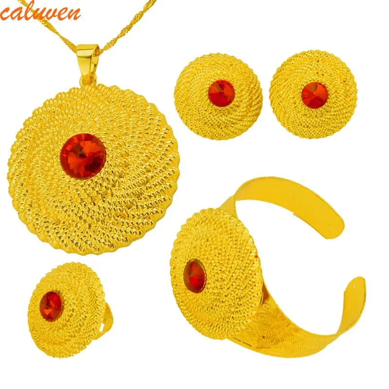Ohrringe Halskette Äthiopischer Schmuckstück Set Goldfarbe Halskette/Ohrringe/Ring/Armreifen Eritrea Afrika Habesha Frauen Hochzeitsfeier