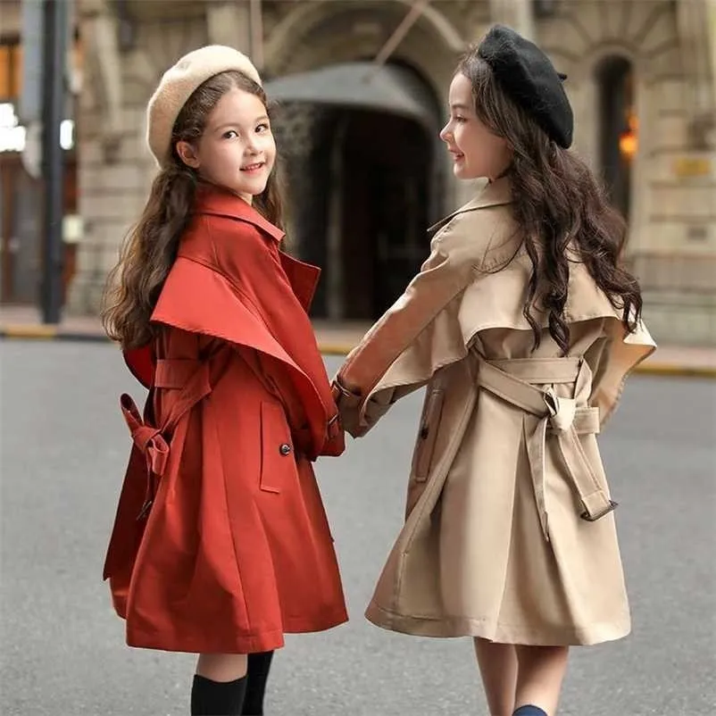 Mode baby flicka pojke trench jacka toddler tonåringar vindbreak coat khaki röd lång vår höst barn damm kläder 3-12y 211204