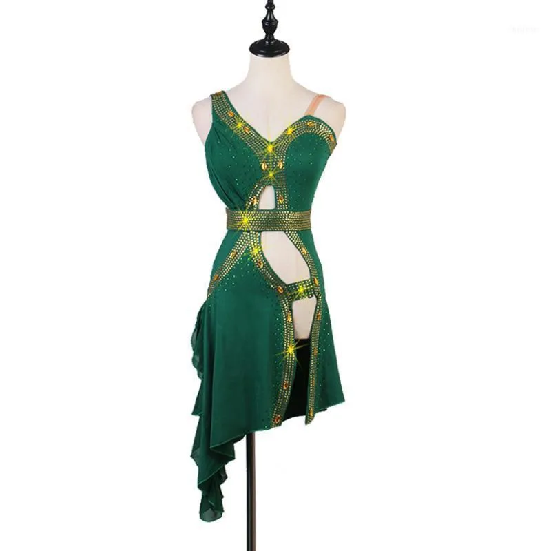 섹시한 녹색 라인 석 라틴 댄스 드레스 여성 경쟁 연습 Backless1 착용