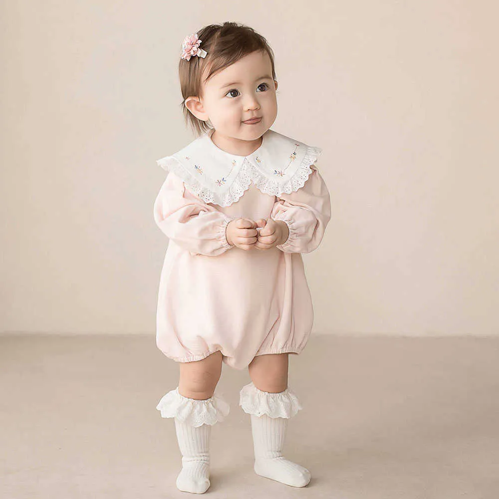 Bébé fille brodée barboteuses né style coréen combinaison infantile coton barboteuse été enfant en bas âge boutique vêtements 210615