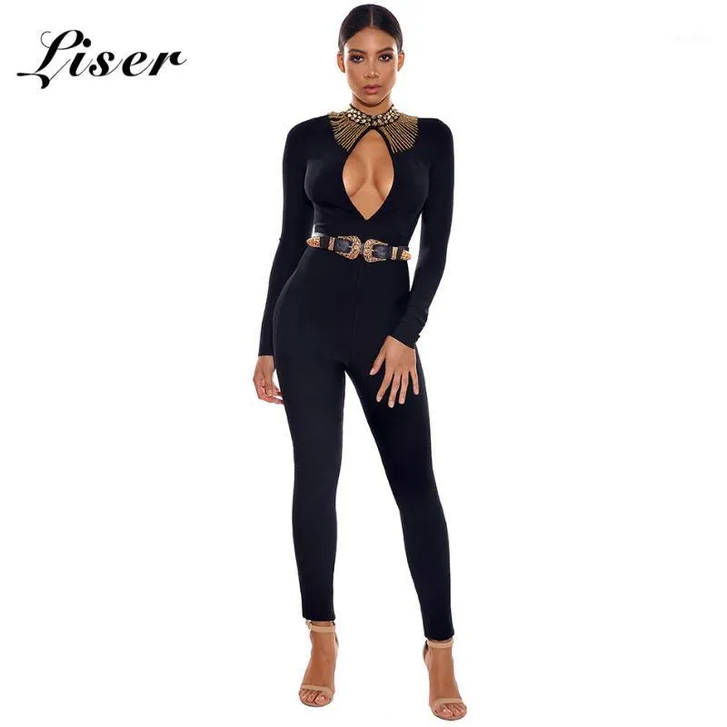 Damskie kombinezony Panieki Lizer 2021 Lato Kobiety Turtleneck Frezowanie Smaczne Seksowne Bodycon Eleganckie Celebrity Party Black Kombinezon Vestidos