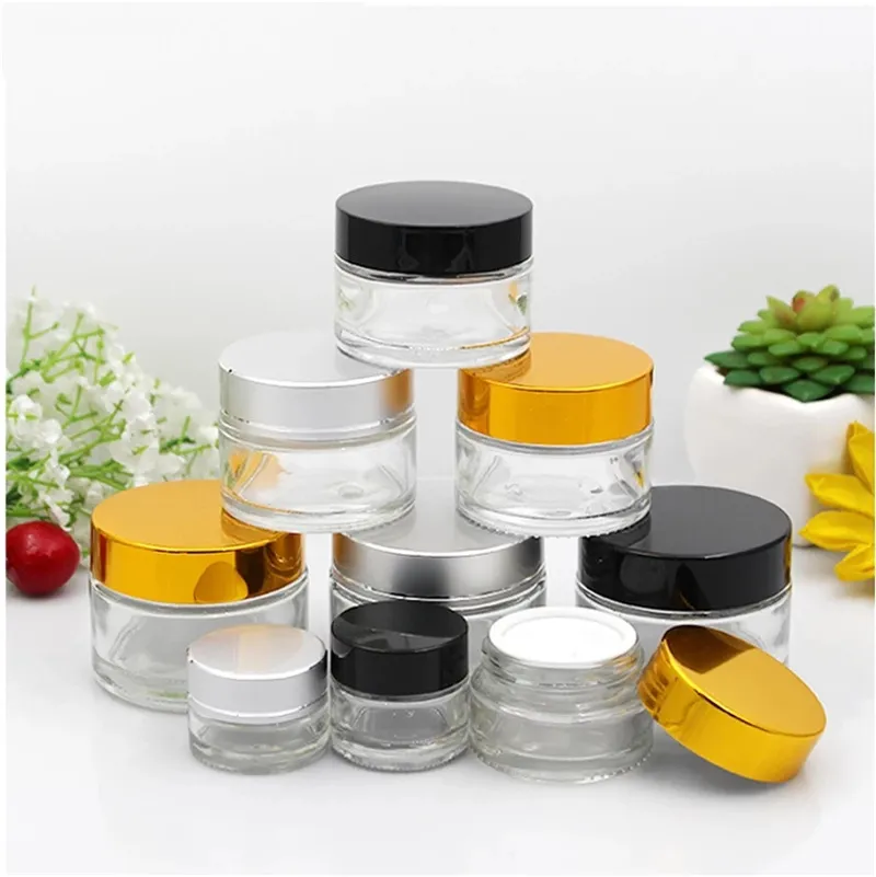 5g 10g glazen fles cosmetische lege pot pot make-up gezichtscrème container met zwart zilver goudkleurig deksel en binnenkussen