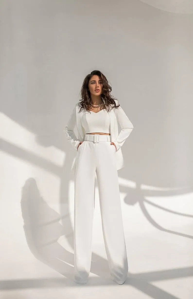 Summer White Mother of the Bride Pantaloni Suit Donna Ladies Smoking da sera formale da sera Abiti da lavoro per matrimonio 2 pezzi215w