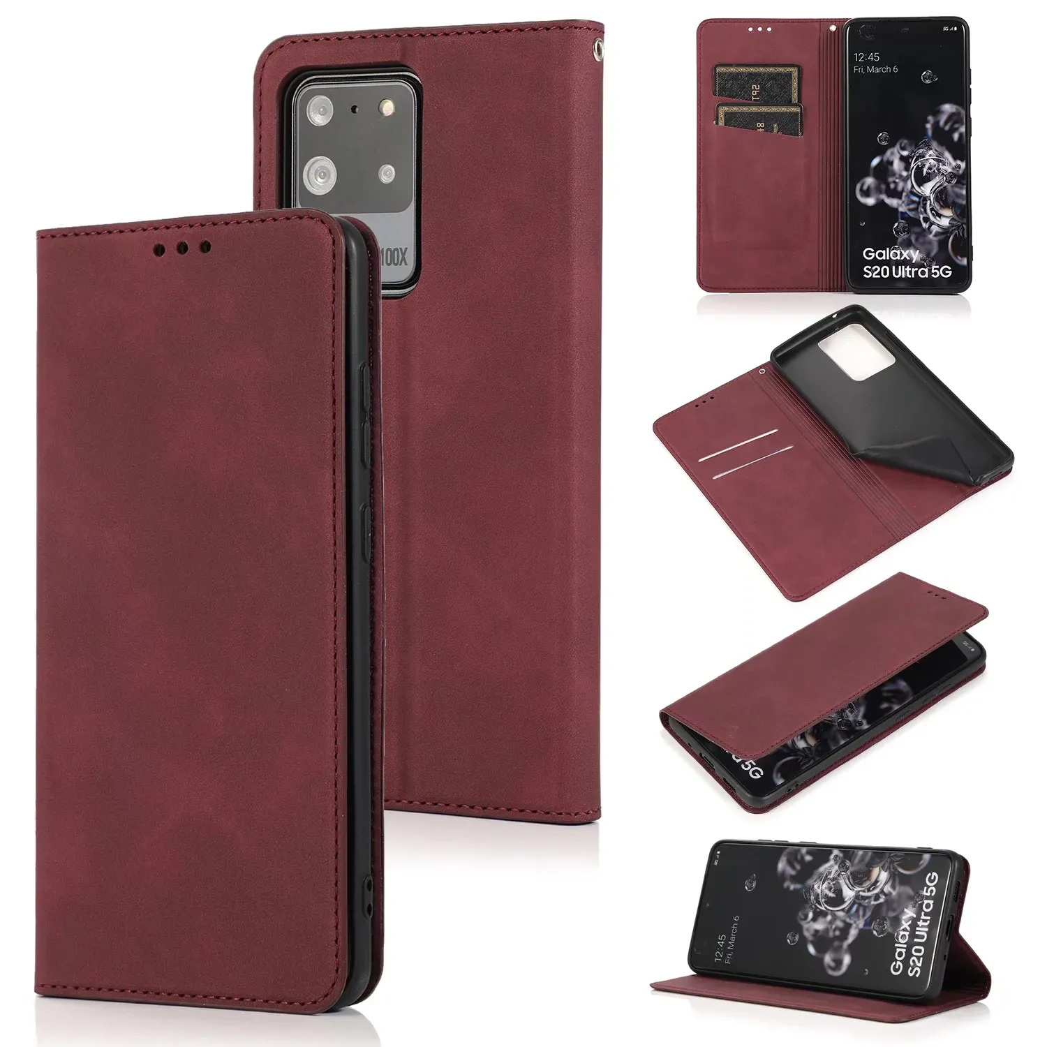 Plånbokstelefonfodral för Samsung Galaxy S21 S20 Note20 Ultra Note10 Plus Ultra-Thin Pure Color Pu Leather Magnetic Flip Kickstand Cover Case med kortplatser