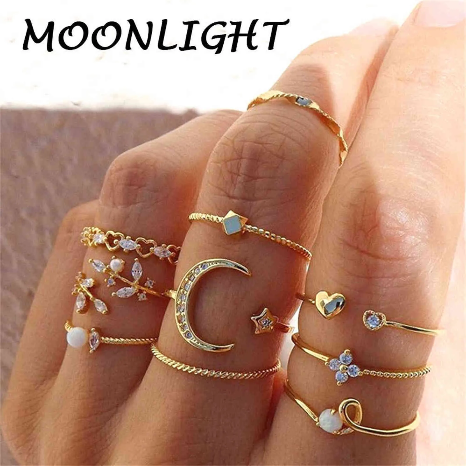 MOONLIGHT Bohemian Gold Chain Rings Set per le donne Fashion Boho Coin Snake Rings Party Trend Jewelry Gift EMO Igirl Metal Ring G1125