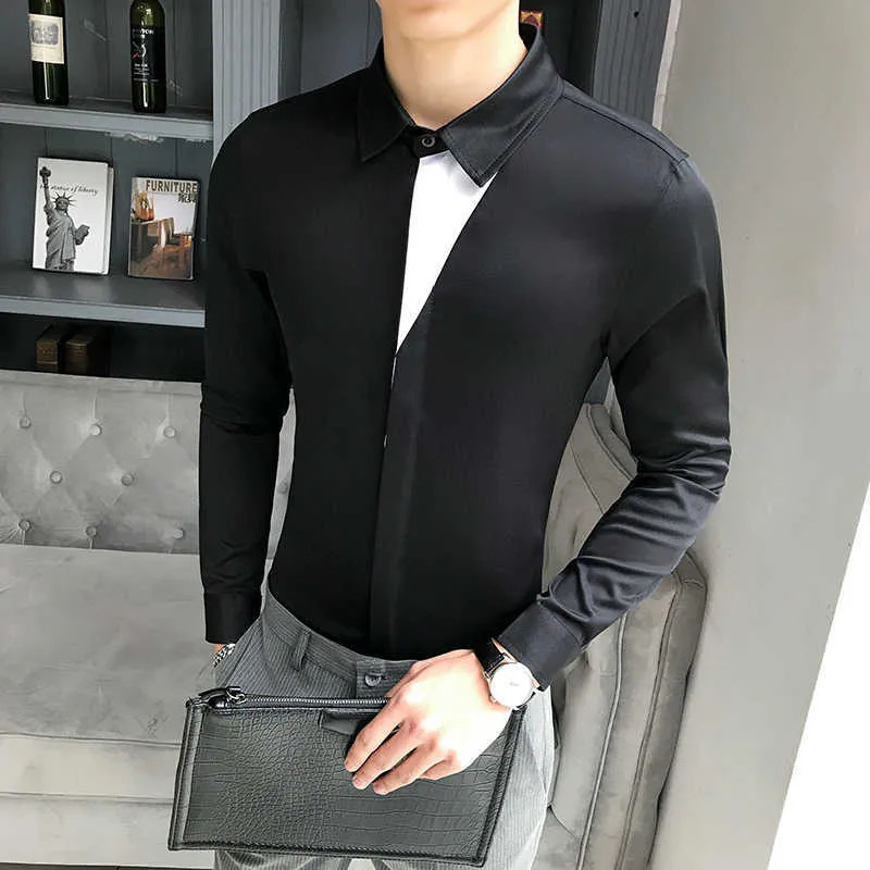 High Quality Designer Shirts Men Solid Color Long Sleeve Slim Fit Casual Men Shirt Night Club Party Streetwear Social Blouse 210527