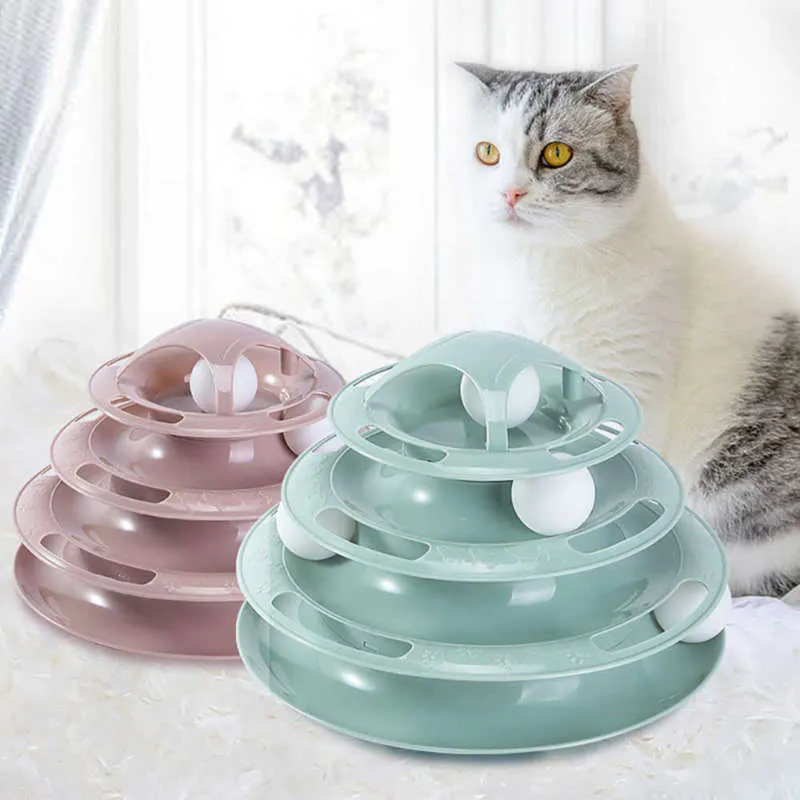 Four Levels Pet Cat Toy Tower Kitten Intelligence Amusement Disc Cats Toys Ball Training Supplies For interactive Tracks Plate 210929