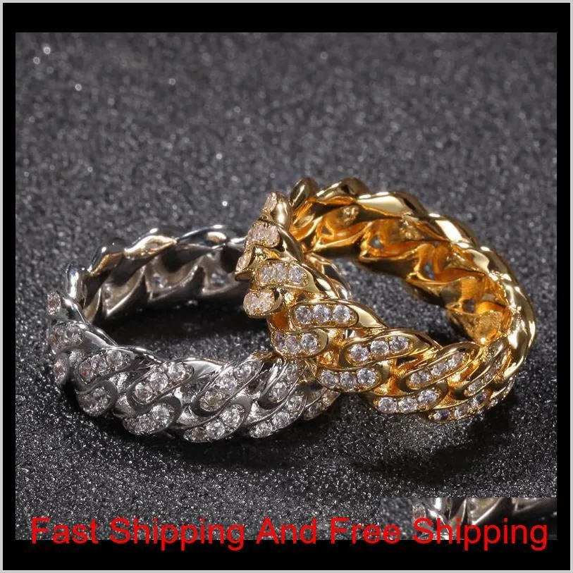 hip-hop zircon cuban chain ring 8mm zircon plated genuine gold trend men`s ring cuban link band mens hip hop jewellery