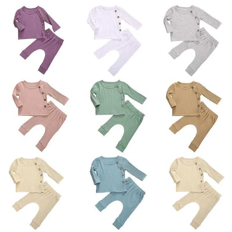 Woshilaocai nouveau-né bébé garçon fille ensemble de vêtements couleur unie à manches longues bouton hauts pantalon long 2 pièces automne automne tenue décontractée 0-24m G1023