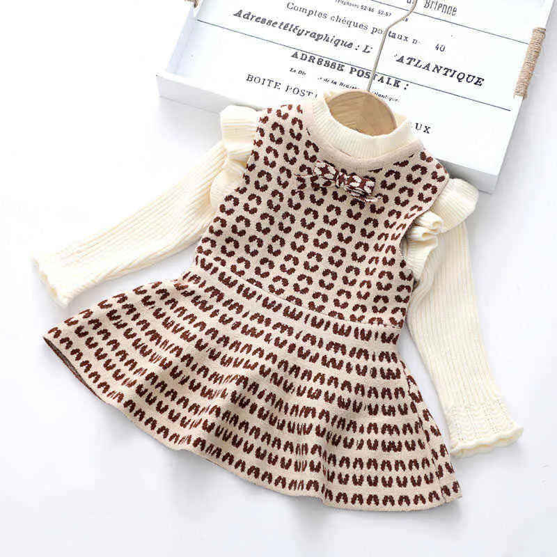 2 adet Çocuklar Kız Elbise Sonbahar Kış Örgü Kazak Çocuk Giyim Leopar Bebek Kız Balıkçı Yaka Bebek Giysileri Kız Elbiseler G1129