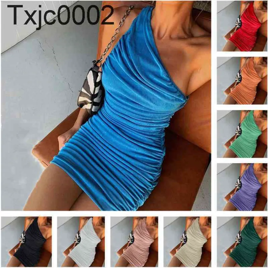 Women Dress Designer Slim Sexy Solid Colour Trend Slant Shoulder Sleeveless Pleated Dresses Hip Skirt 10 Colours