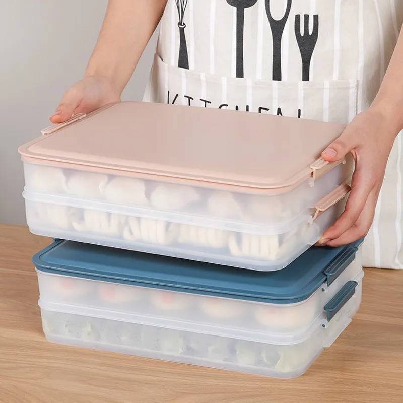 Caja de almacenamiento de alimentos de 2 capas, caja de bolas de masa hervida, organizador de cocina, refrigerador, caja de almacenamiento sellada, almacenamiento de carne y verduras para el hogar 210309