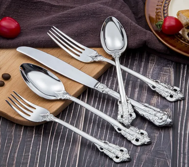 Retro style silver and gold cutlery flatware set high-grade tableware stainless steel 5-piece set knife fork spoon dinnerware sets