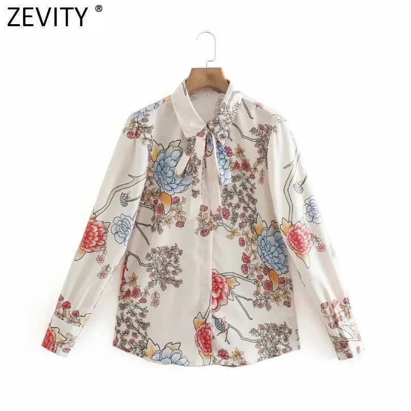 Zevity Femmes Sweet Floral Imprimer Bow Décoration Smock Blouse Bureau Dames Manches Bouffantes Kimono Chemises Chic Blusas Tops LS7685 210603