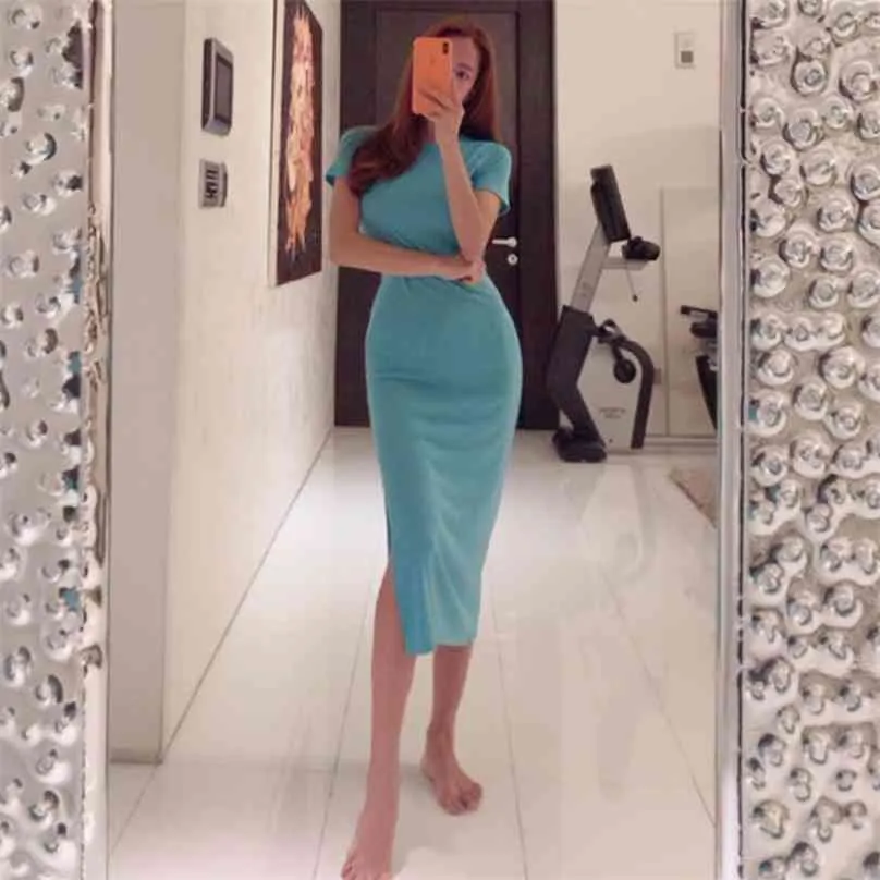 Casual Maxi Dress Korean Ladies Short Sleeve Blue Crew Neck Knit Long Party Dresses for Women Clothing 210602