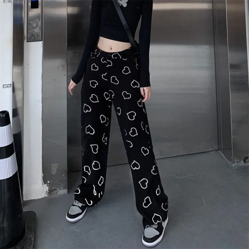 Mingliusili Hip Hop Wide Leg Pant Vintage Koreaanse stijl broek vrouwen mode lente harajuku hart print vrouwen broek 211112