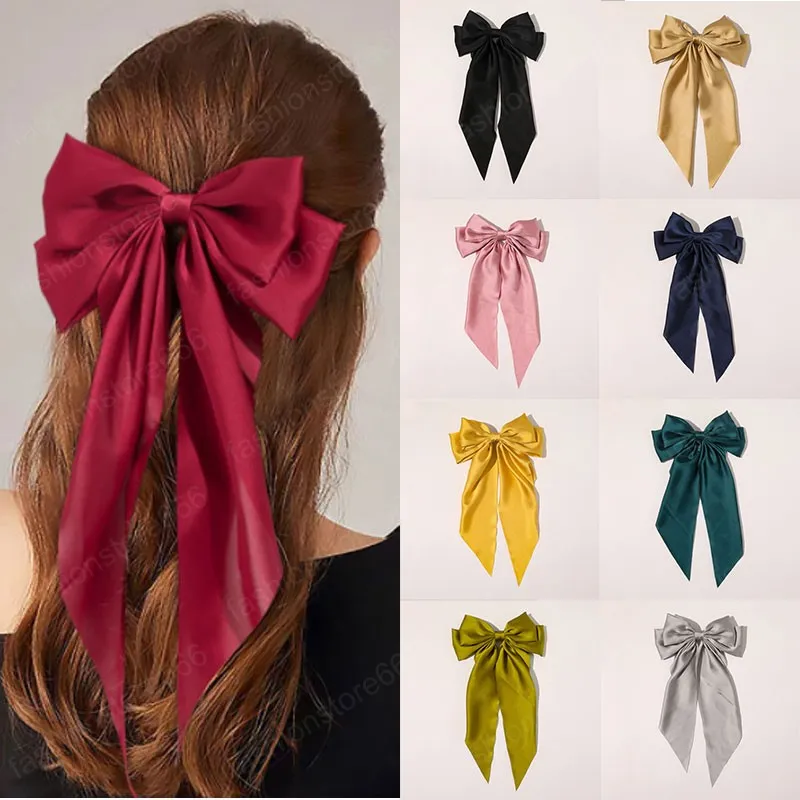 2021 Fashion Bowknot Streamer Hairpin Woman Girls Satin Ribbon Barrette Bow Back Head Spring Clip Ponytail Clip Hair Accessories