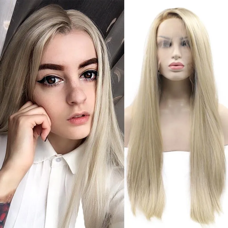 Synthetische pruiken Lange kanten voorkant haarpruik Ombre platina Ash blonde zijdeachtige rechte honing Middle Part frontale hoogtepunt voor zwarte vrouwen