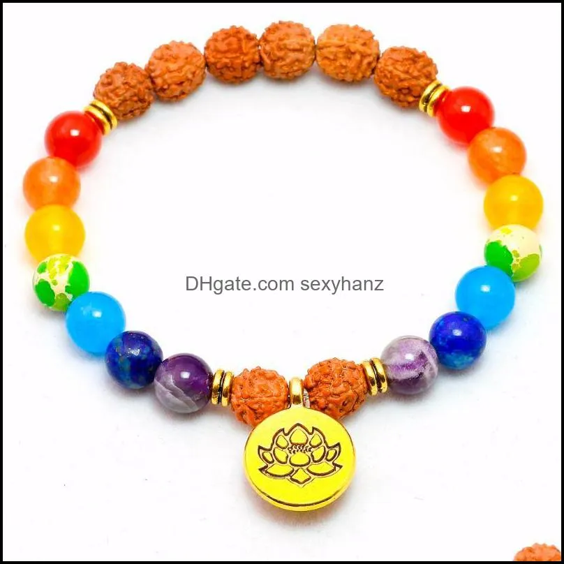 Rudraksha Beads Natural Stone Reiki Buddha 7 Chakra Healing Balance Lotus Charm Bracelet For Women Men Yoga OM Jewelry Beaded, Strands