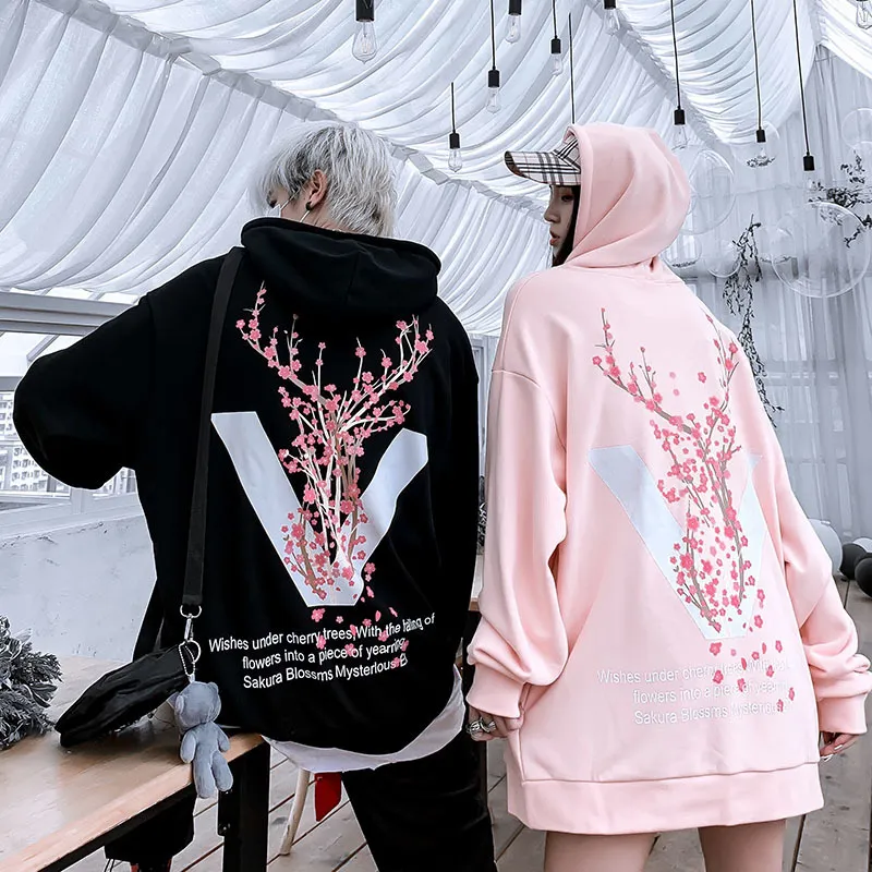 Sakura Flower Print oversized hoodie Oversized Cotton Hip Hop Leisure Sweatshirt for Autumn Winter with Long Sleeves Harajuku Modis 201020