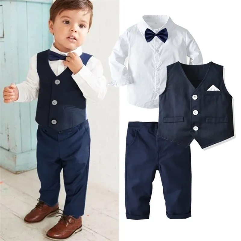 2021 Pak Formele Kleding Kind Heren Vest Shirt Broeken Britse Stijl Gastheer Banket Jurk Peuter Baby Boy 0-6 y 210309