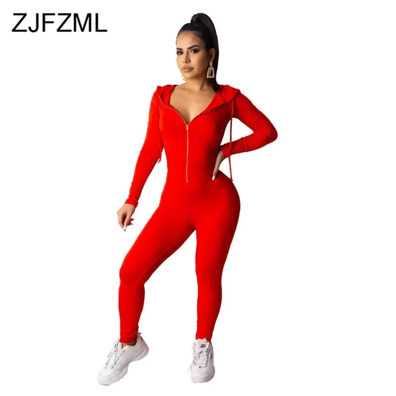 Front Zipper Sexy Rompers Womens Jumpsuit Long Sleeve Hooded One Piece Bodysuit Casual Sportswear Solid Plus Size Club Overall 210317